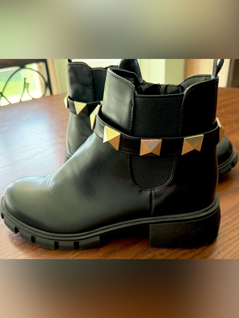 Girls Steve Madden Black Combat Boots with Gold Pyramid Accent Stud collar